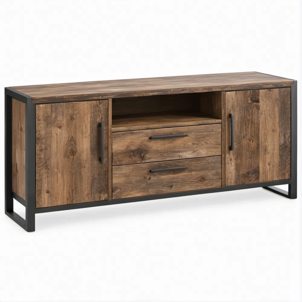 Rechteckiges TV-Sideboard aus massivem Mangoholz und Stahl, Braun/Schwarz, 160 x 40 x 80 cm