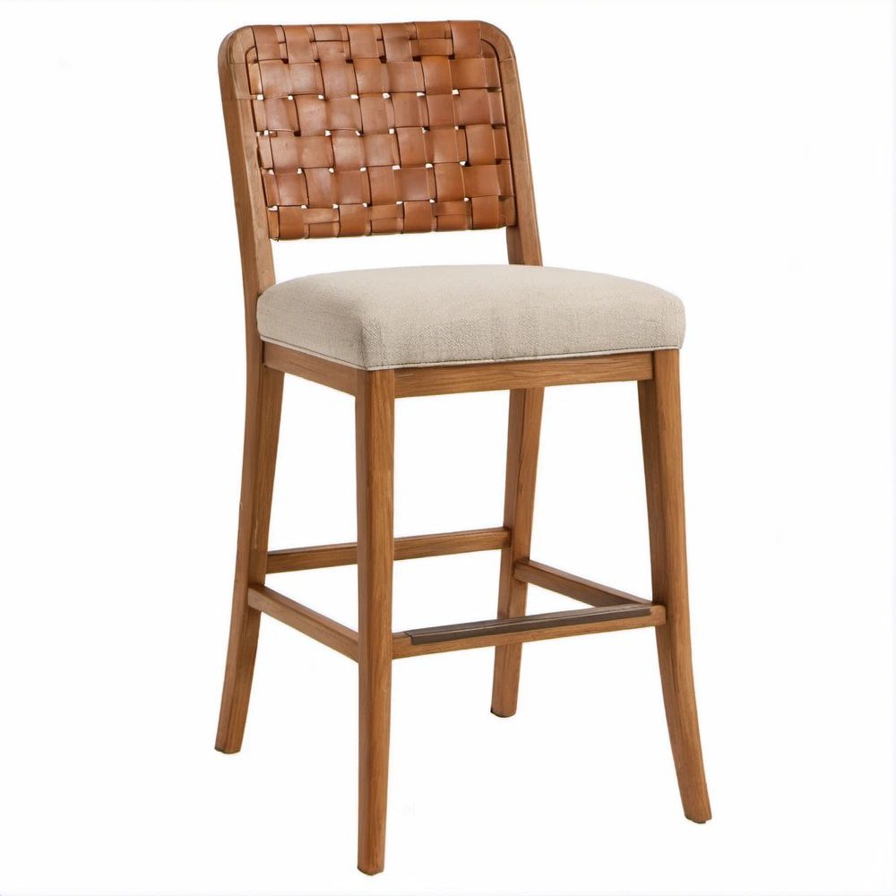 Barstuhl aus Akazienholz mit geflochtener Rückenlehne, Braun/Beige, 46 x 52 x 101 cm