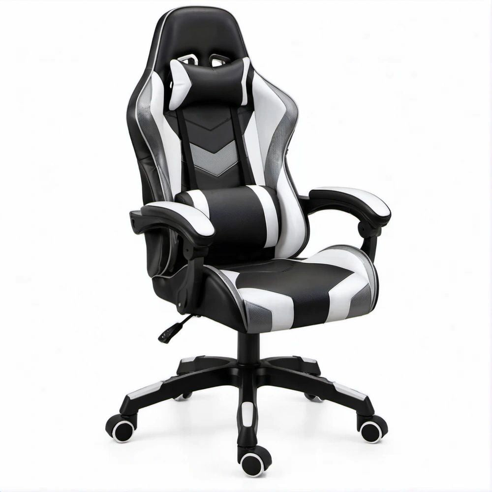 Ergonomischer Gamingstuhl aus PU-Kunstleder Schwarz/Weiss/Grau, 67 x 70 x 118–128 cm