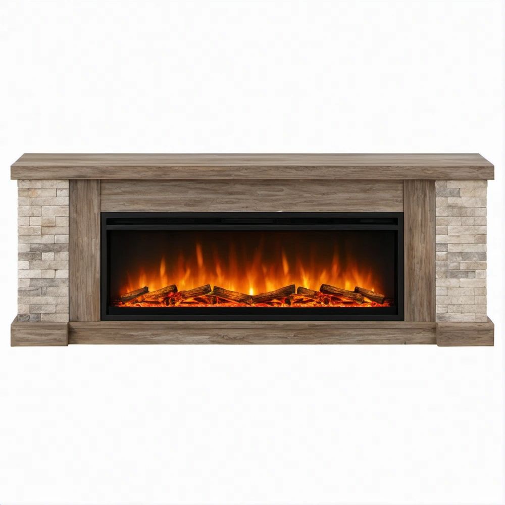 Elektrischer Kamin mit Holz- und Steinoptik, Braun/Beige/Grau/Schwarz/Orange, 152 x 36 x 91 cm