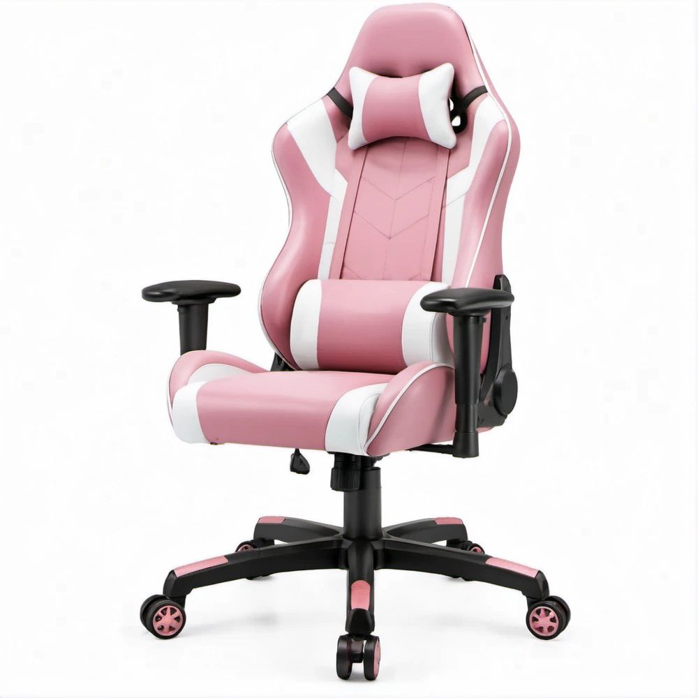 Gamingstuhl Rosa/Weiss/Schwarz aus PU-Kunstleder, 66 x 65 x 123–133 cm