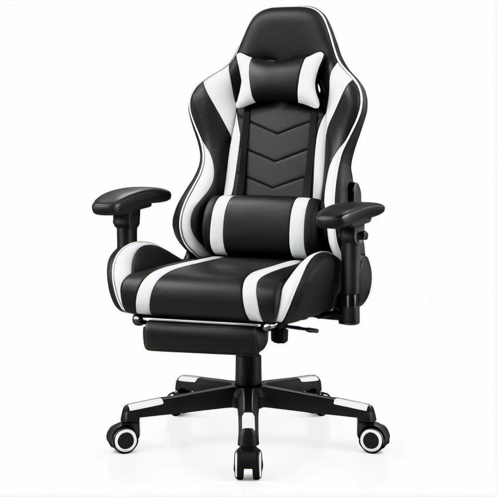 Gamingstuhl in Rennsitzform Schwarz/Weiss aus PU-Kunstleder mit Fussstütze, 67 x 70 x 125–135 cm