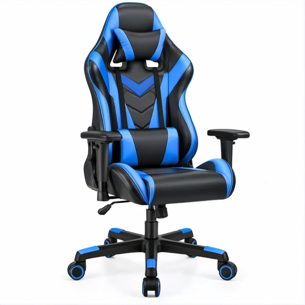 Gamingstuhl aus PU-Kunstleder Schwarz/Blau mit Rollen, 66 x 66 x 122–132 cm