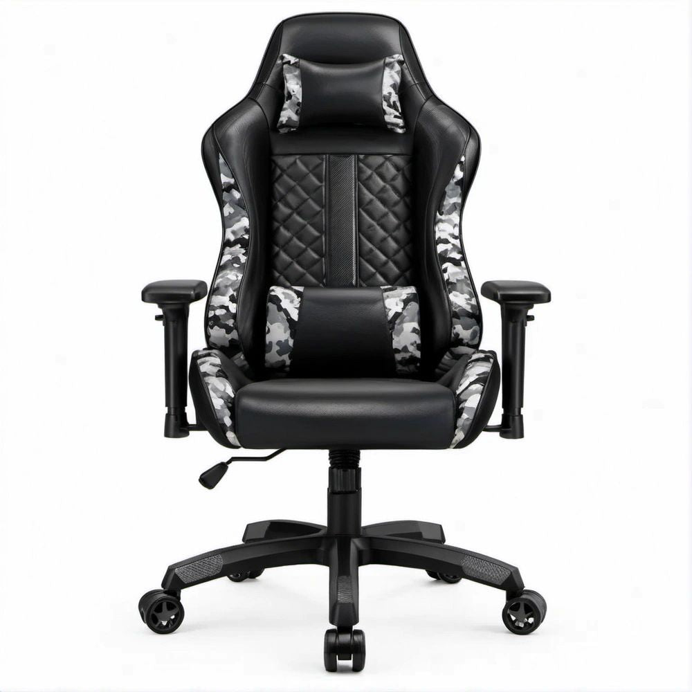Gamingstuhl aus PU-Kunstleder Schwarz/Grau/Weiss mit Camouflage-Akzenten, 68 x 68 x 124–134 cm