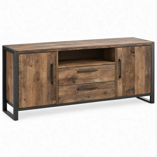 Rechteckiges TV-Sideboard aus massivem Mangoholz und Stahl, Braun/Schwarz, 160 x 40 x 80 cm