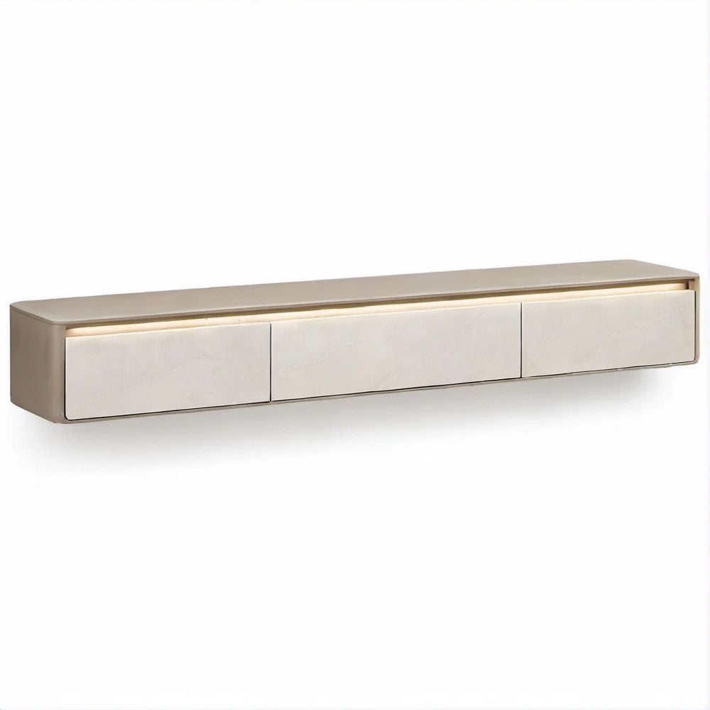 Wandhängendes TV-Lowboard Beige/Creme in Steinoptik mit LED, 200 x 35 x 30 cm