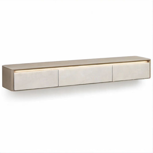 Wandhängendes TV-Lowboard Beige/Creme in Steinoptik mit LED, 200 x 35 x 30 cm