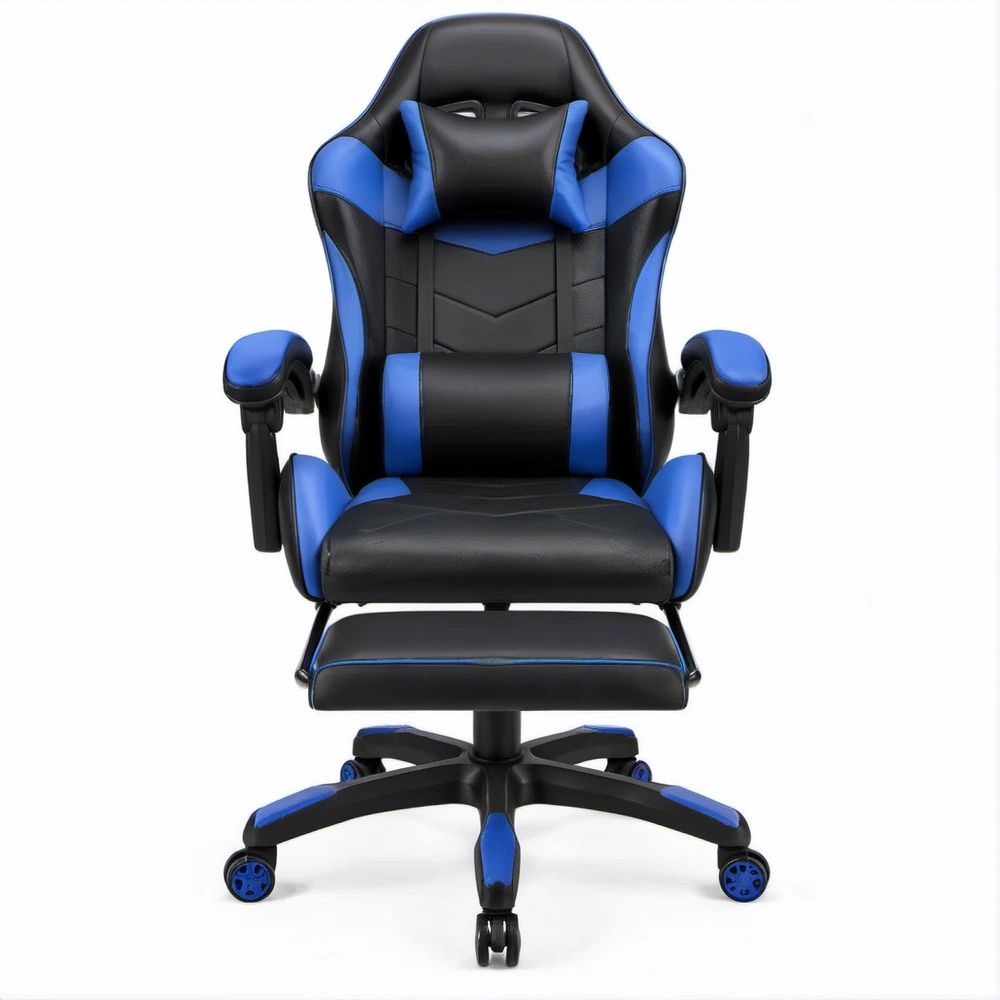Gamingstuhl mit Fussstütze Schwarz/Blau aus PVC-Kunstleder, 66 x 66 x 118–128 cm