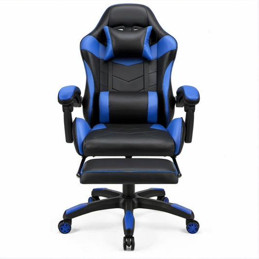 Gamingstuhl mit Fussstütze Schwarz/Blau aus PVC-Kunstleder, 66 x 66 x 118–128 cm