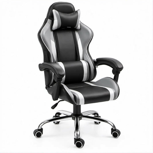 Ergonomischer Gamingstuhl aus PU-Kunstleder Schwarz/Grau/Weiss, 66 x 70 x 118–128 cm
