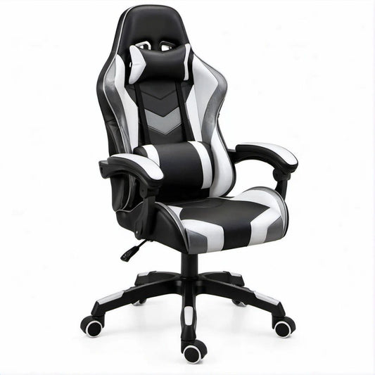 Ergonomischer Gamingstuhl aus PU-Kunstleder Schwarz/Weiss/Grau, 67 x 70 x 118–128 cm