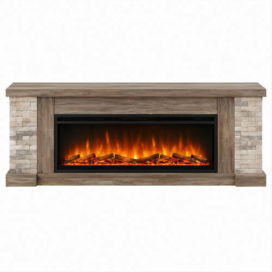 Elektrischer Kamin mit Holz- und Steinoptik, Braun/Beige/Grau/Schwarz/Orange, 152 x 36 x 91 cm