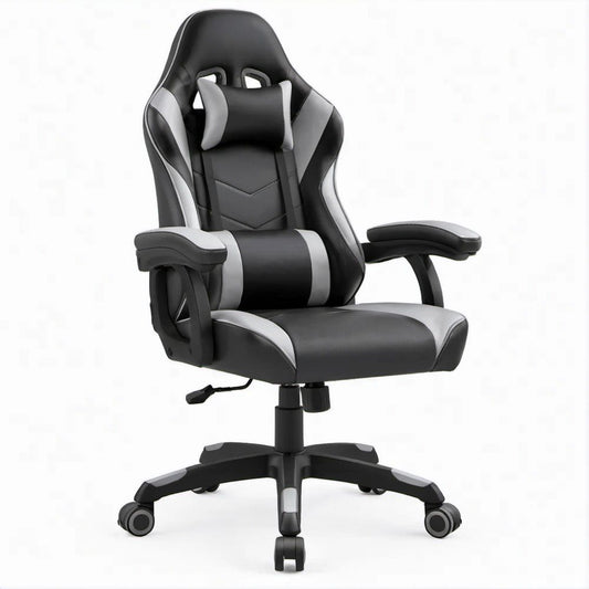 Gamingstuhl aus PU-Kunstleder Schwarz/Grau, 68 x 68 x 118–128 cm