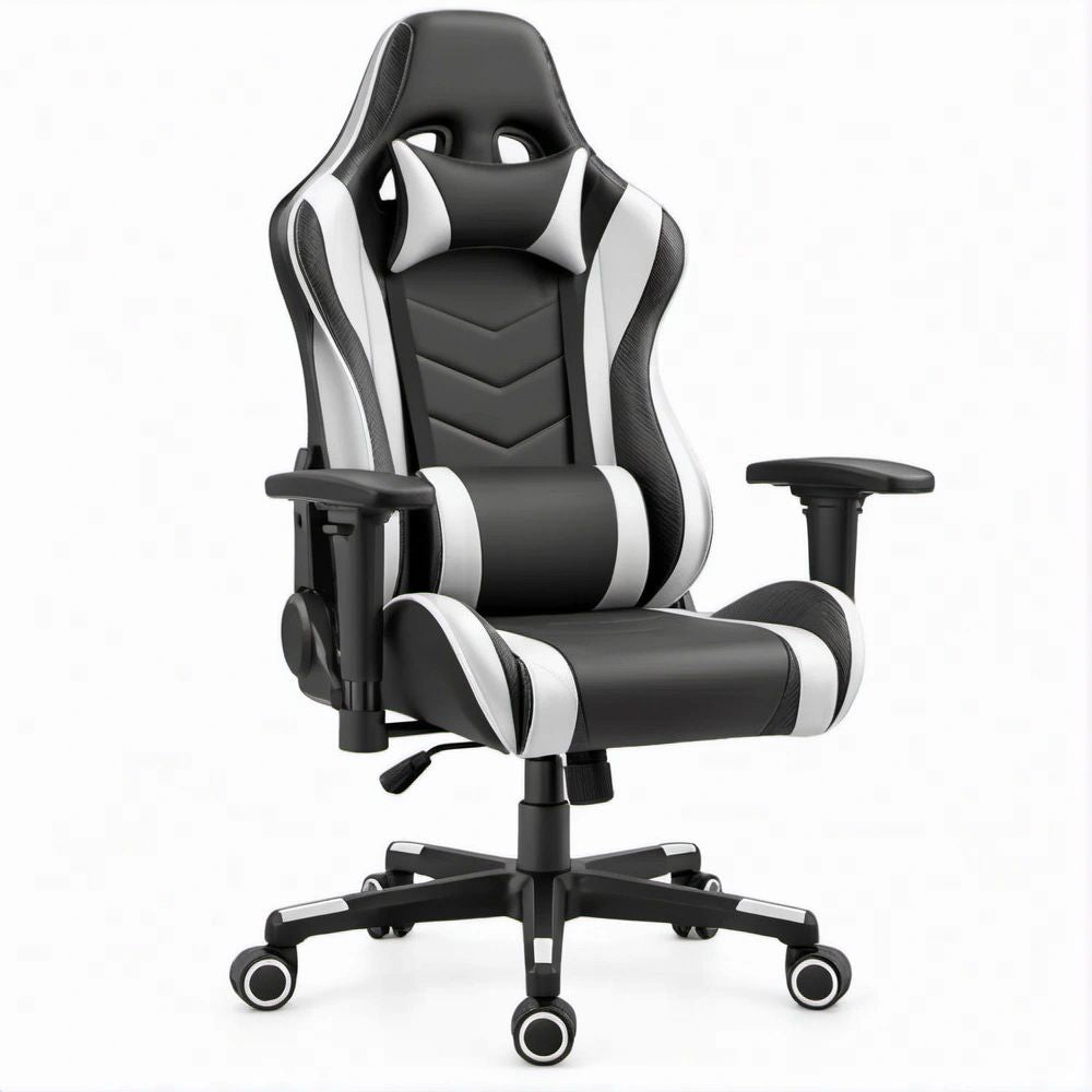 Gamingstuhl Schwarz/Weiss aus PU-Kunstleder mit Kopf- und Lendenkissen, 67 x 70 x 126–136 cm