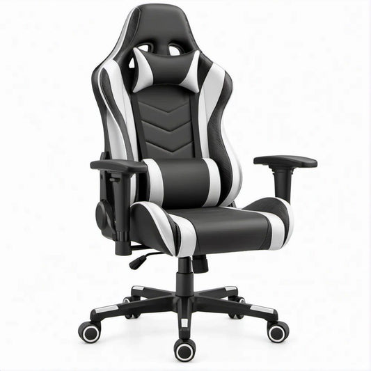 Gamingstuhl Schwarz/Weiss aus PU-Kunstleder mit Kopf- und Lendenkissen, 67 x 70 x 126–136 cm
