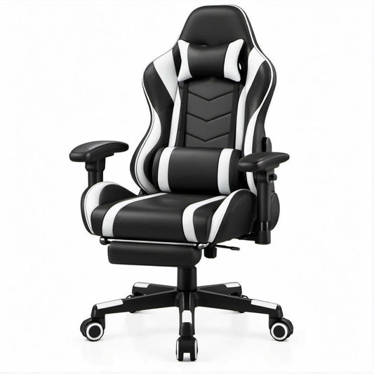 Gamingstuhl in Rennsitzform Schwarz/Weiss aus PU-Kunstleder mit Fussstütze, 67 x 70 x 125–135 cm