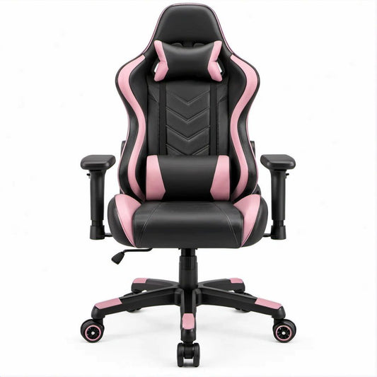 Gamingstuhl aus PU-Kunstleder Schwarz/Rosa mit Kopf- und Lendenkissen, 65 x 65 x 118–128 cm
