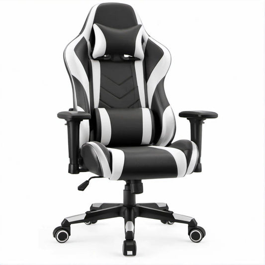 Ergonomischer Gamingstuhl Schwarz/Weiss aus PU-Kunstleder, 65 x 65 x 120–130 cm