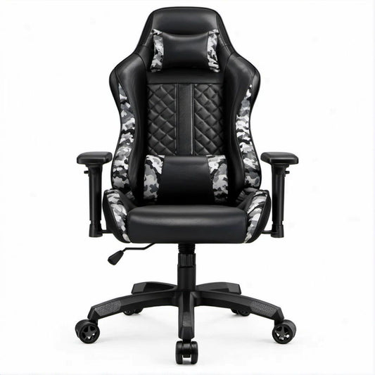Gamingstuhl aus PU-Kunstleder Schwarz/Grau/Weiss mit Camouflage-Akzenten, 68 x 68 x 124–134 cm