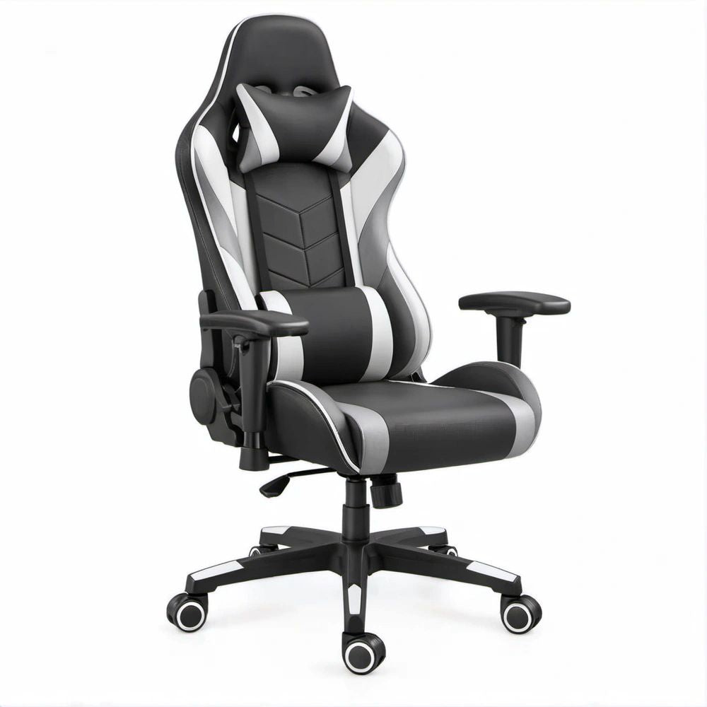 Ergonomischer Gamingstuhl aus PU-Kunstleder in Schwarz/Weiss, 66 x 52 x 124–134 cm