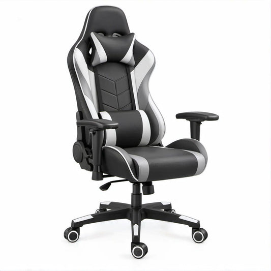 Ergonomischer Gamingstuhl aus PU-Kunstleder in Schwarz/Weiss, 66 x 52 x 124–134 cm